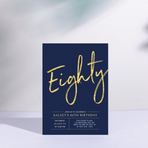 Eighty  Gold  Navy Lettering 80th Birthday Party Invitation