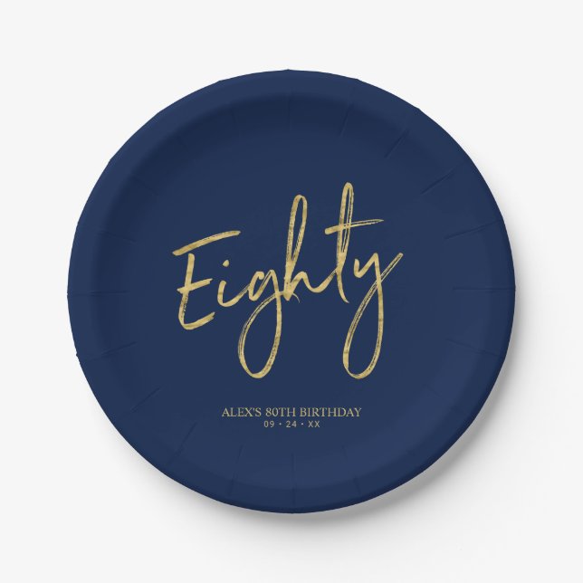 Eighty | Gold & Navy Lettering 80th Birthday Party Paper Plates (Front)