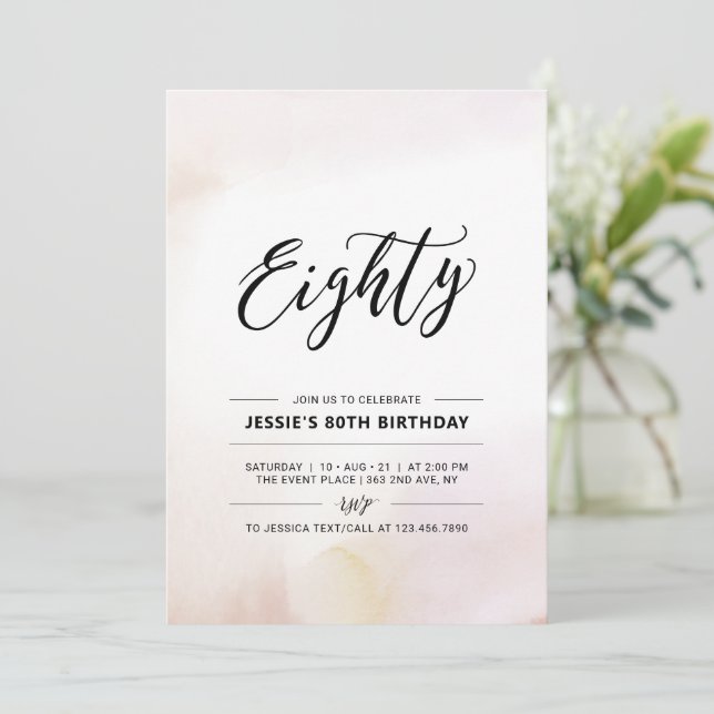 Eighty Minimal 80th Birthday Party Watercolor Invitation (Standing Front)