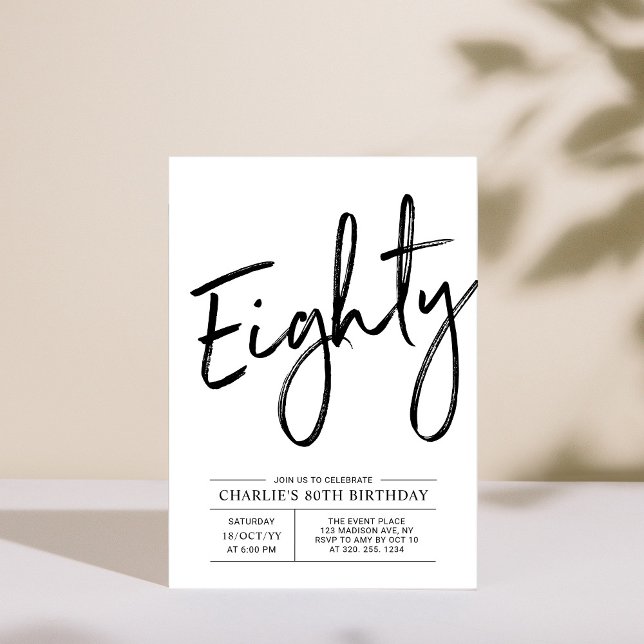Eighty | Modern Black Brush 80th Birthday Party Invitation (Creator Uploaded)