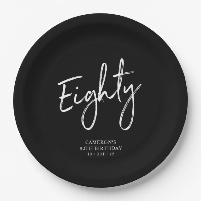 Eighty Modern Black Lettering 80th Birthday Party Paper Plates (Front)