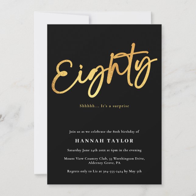 Eighty Modern Elegant Black Gold 80th Birthday Invitation (Front)