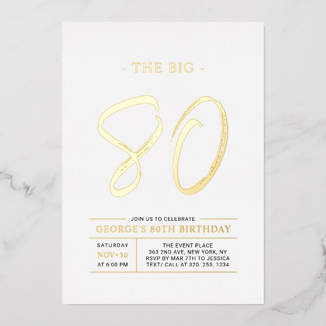 Eighty | Modern Gold 80th Birthday Party Foil Invitation (Front)
