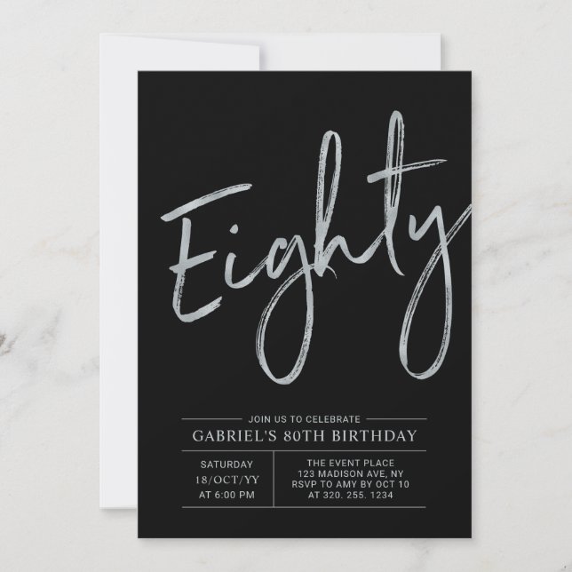 Eighty | Modern Silver& Black 80th Birthday Party Invitation (Front)