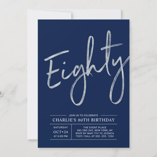 Eighty | Modern Silver Brush 80th Birthday Party Invitation (Front)