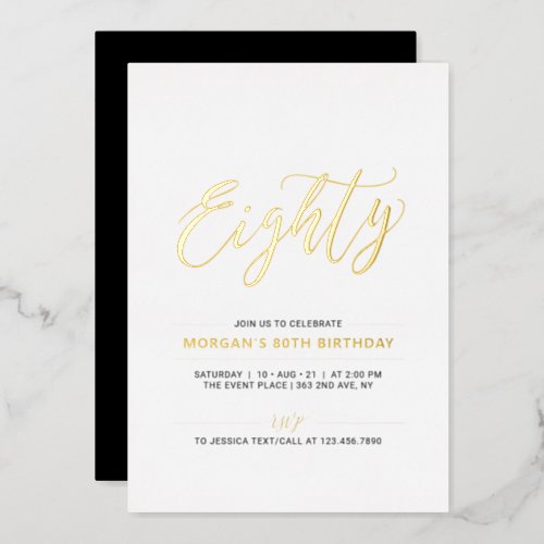 Eighty  Modern Simple Gold 80th Birthday Party Foil Invitation