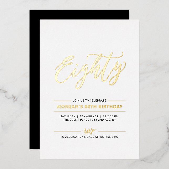 Eighty | Modern Simple Gold 80th Birthday Party Foil Invitation (Front/Back)