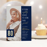 Eighty Photo Blue & Gold 80th Birthday Party Real Foil Invitation<br><div class="desc">Celebrate in style with these modern real foil 80th birthday party invitations featuring a chic blue background,  a photo of the birthday boy/girl,  the funny saying 'it took eighty years to look this good!',  and a simple text template that is easy to personalize.</div>