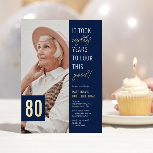 Eighty Photo Blue  Gold 80th Birthday Party Real Foil Invitation
