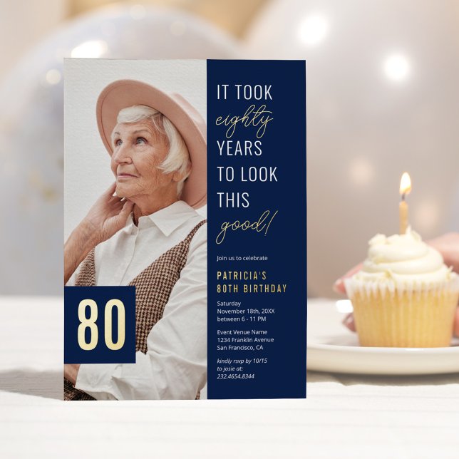 Eighty Photo Blue & Gold 80th Birthday Party Real Foil Invitation (Creator Uploaded)