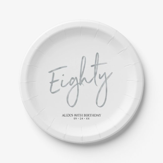 Eighty Silver Lettering 80th Birthday Party Paper Plates (Front)