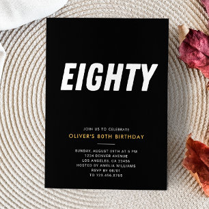 Eighty   Simple Black & Gold 80th Birthday Party Invitation