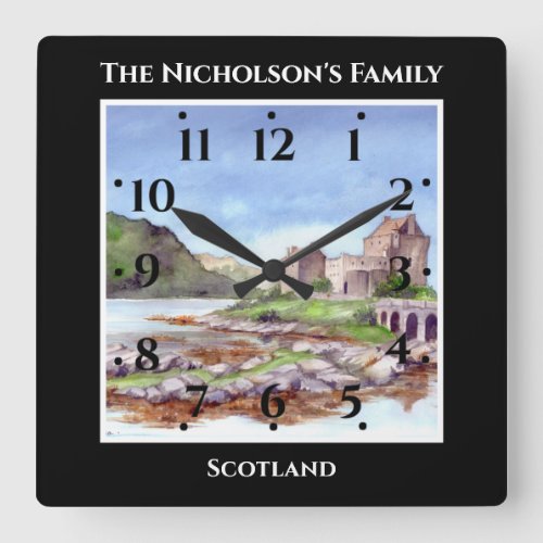 Eilean Donan Castle Scotland Watercolor Black Square Wall Clock