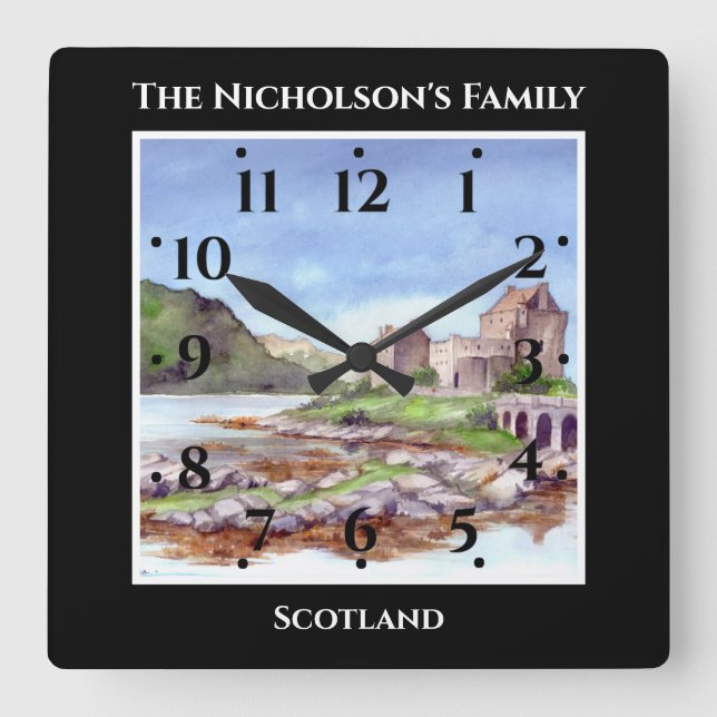 Eilean Donan Castle Scotland Watercolor Black Square Wall Clock (Front)