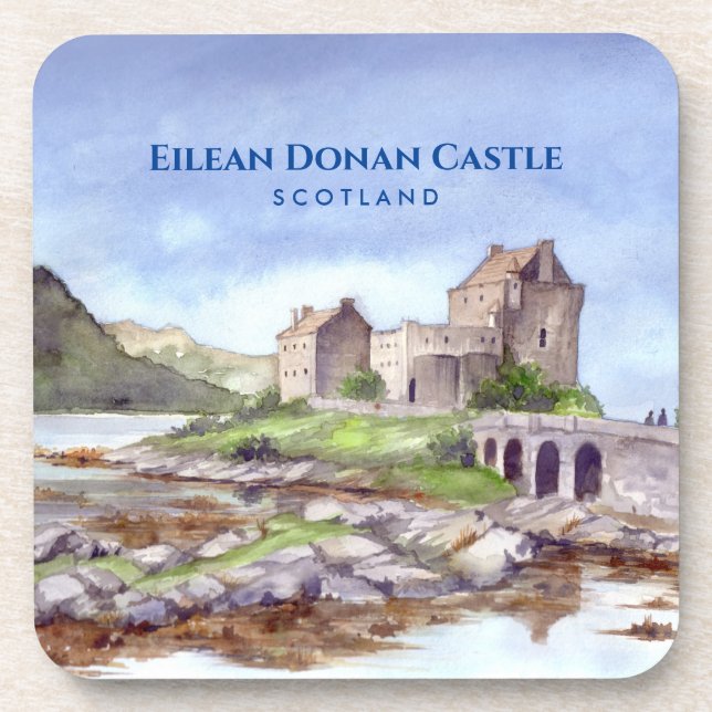 Eilean Donan Castle Scotland Watercolor Painting Beverage Coaster (Front)