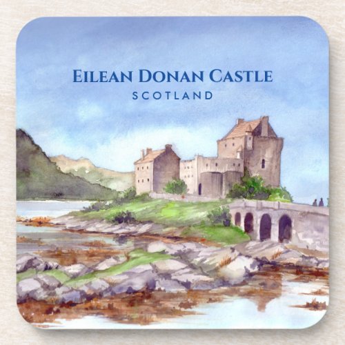 Eilean Donan Castle Scotland Watercolor Painting Beverage Coaster