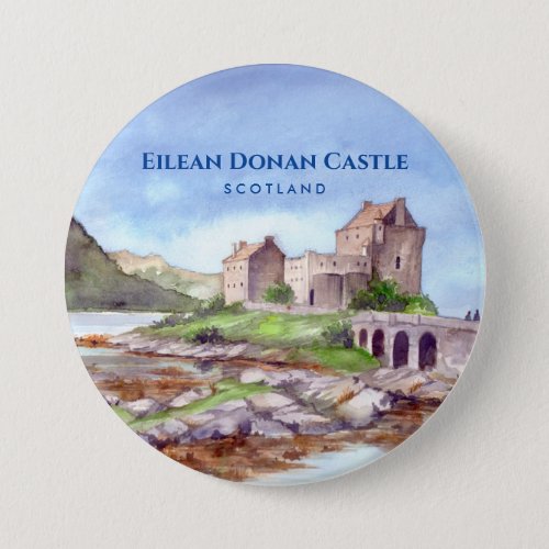 Eilean Donan Castle Scotland Watercolor Painting Button