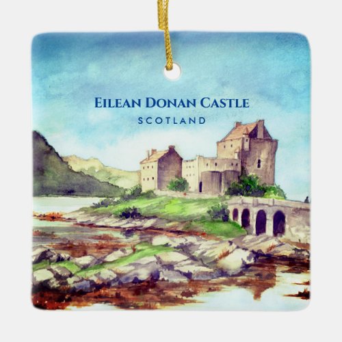 Eilean Donan Castle Scotland Watercolor Painting Ceramic Ornament