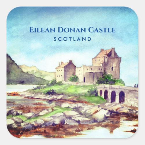 Eilean Donan Castle Scotland Watercolor Painting Square Sticker