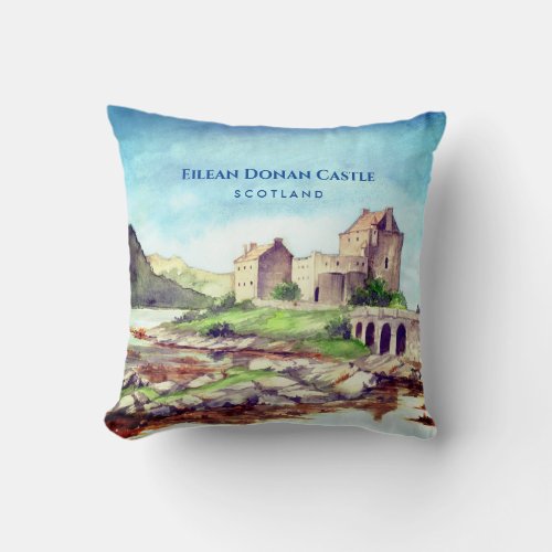 Eilean Donan Castle Scotland Watercolor Painting Throw Pillow