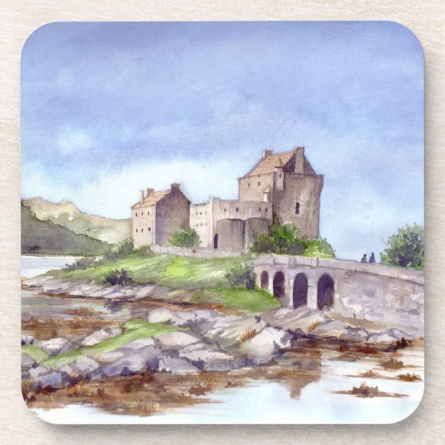 Eilean Donan Castle Watercolor Painting Beverage Coaster (Front)