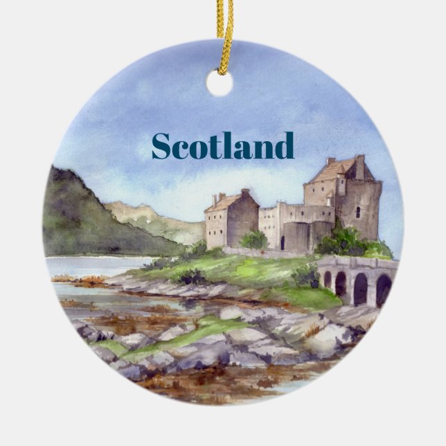 Eilean Donan Castle Watercolor Painting Ceramic Ornament (Front)