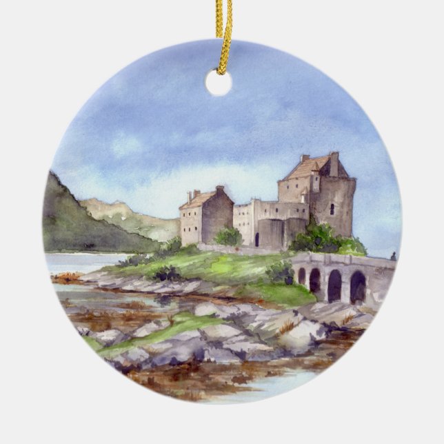 Eilean Donan Castle Watercolor Painting Ceramic Ornament (Front)