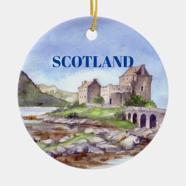 Eilean Donan Castle Watercolor Painting Ceramic Ornament (Front)
