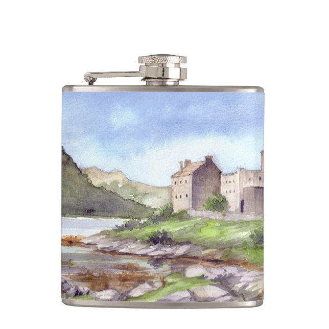 Eilean Donan Castle Watercolor Painting Flask (Front)