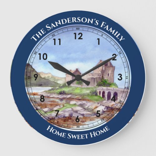 Eilean Donan Castle Watercolor Painting Large Cloc Large Clock