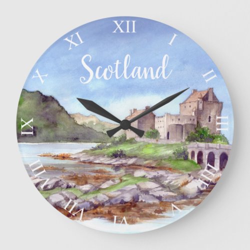 Eilean Donan Castle Watercolor Painting Large Clock