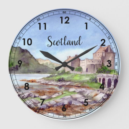 Eilean Donan Castle Watercolor Painting Large Clock