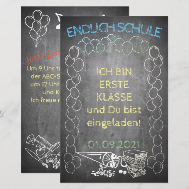 Einladungskarte zur Einschulung im Tafelstil (Front/Back)