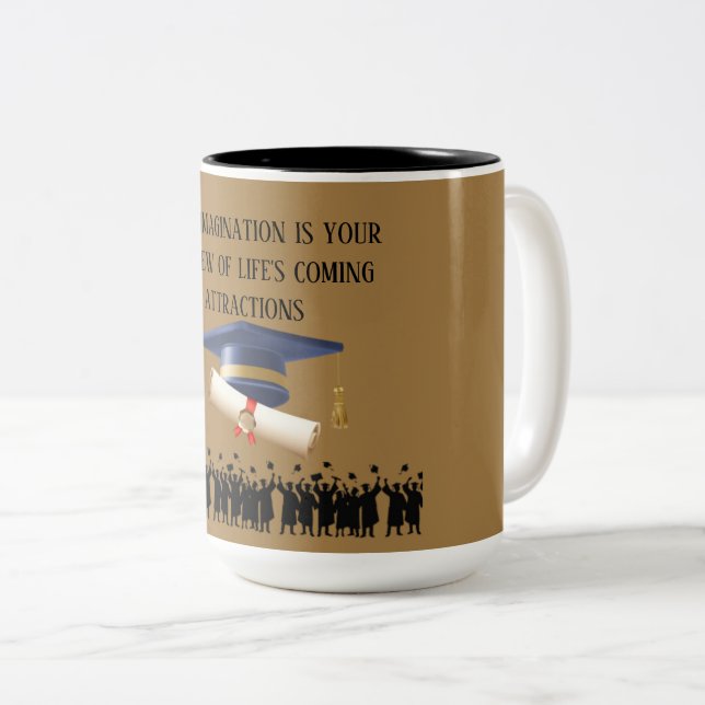 Einstein's graduation motto light brown Two-Tone coffee mug (Front Right)