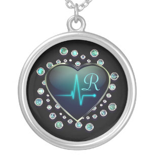 EKG heart and jewel look black silver blue nurse Plated Necklace