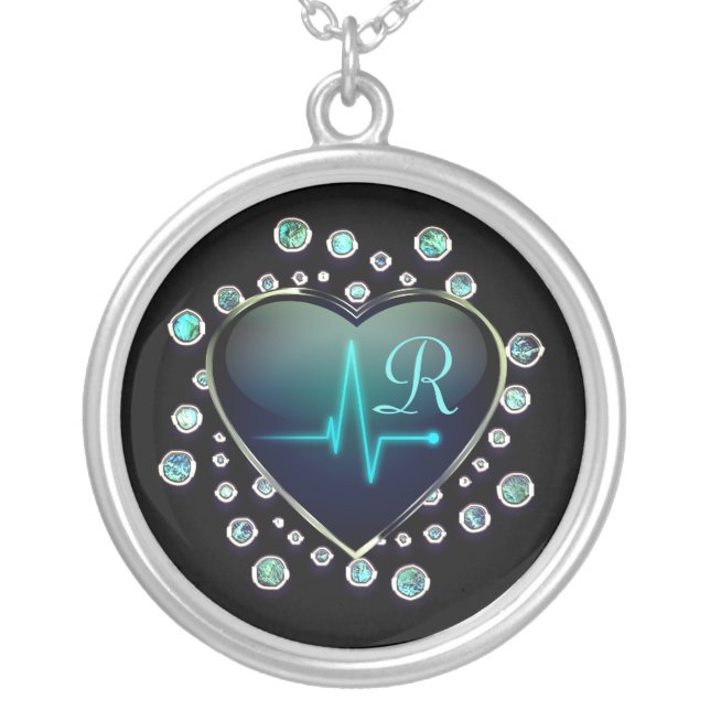 EKG heart and jewel look black silver blue nurse Plated Necklace (Front)