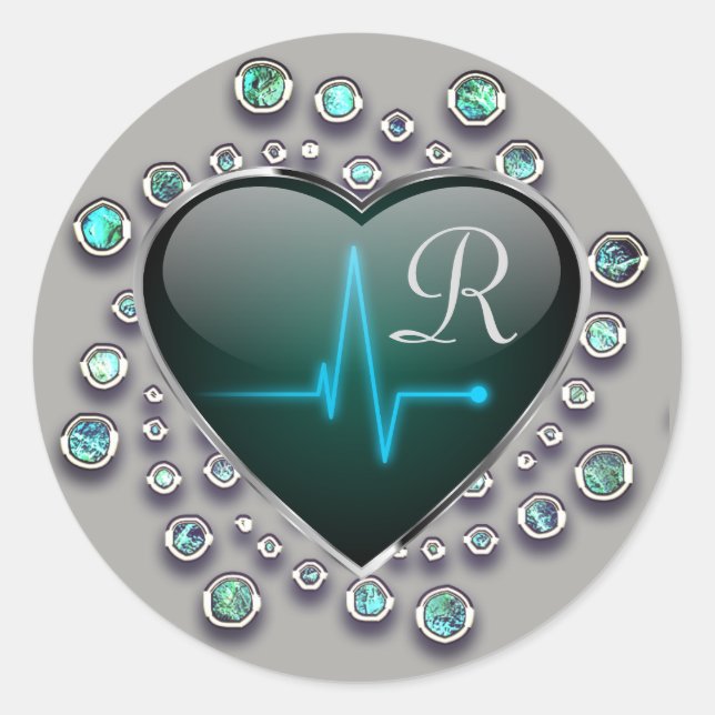  EKG heart jewel look gray black blue medical Classic Round Sticker (Front)