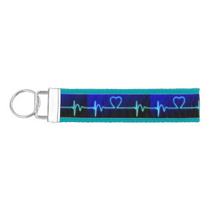 EKG heart neon look blue green black medical Wrist Keychain