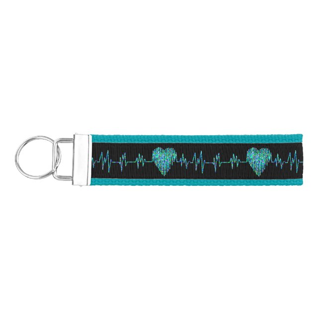 Ekg line heart medical black turquoise nurse dr wrist keychain (Keys on Left)