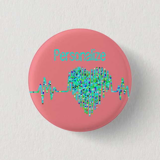 EKG line heart medical teal peach nurse Button (Front)