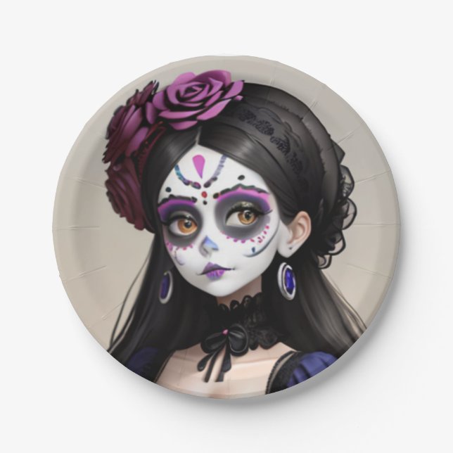 el Día de los Muertos - Beautiful woman Paper Plates (Front)