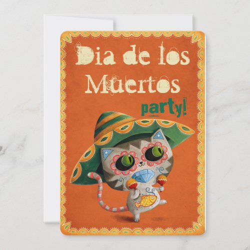 El Dia de Los Muertos Party Invitiation with Cat Invitation