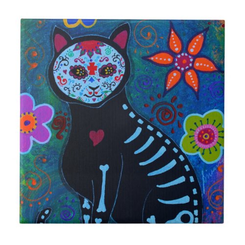 EL GATO CAT DIA DE LOS MUERTOS CERAMIC TILE