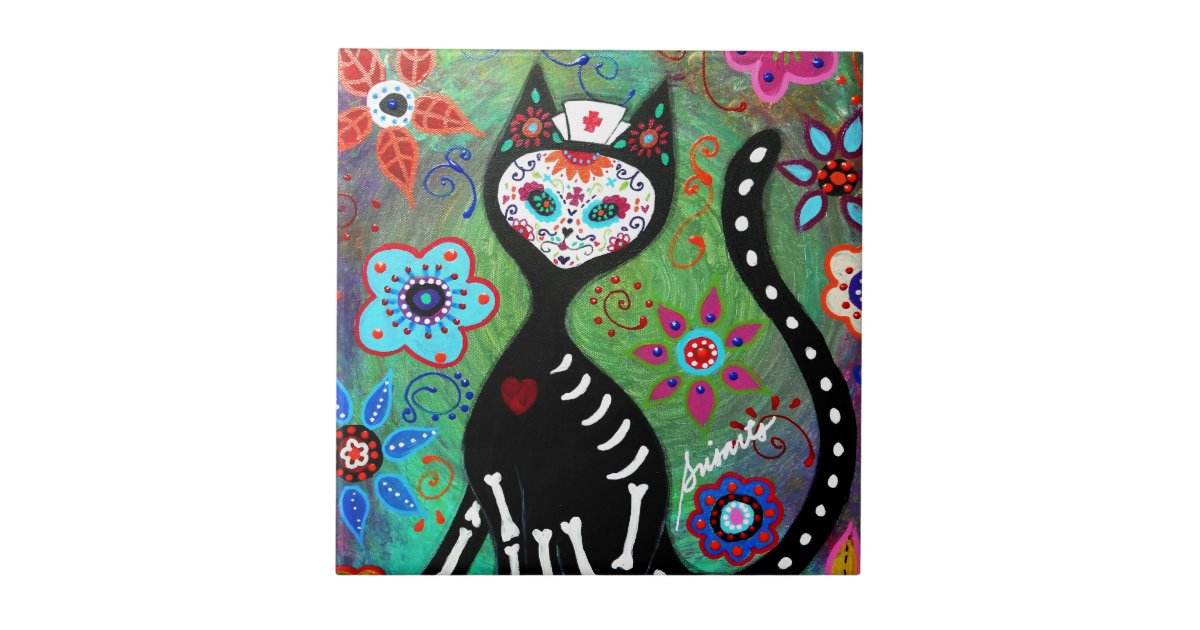 El Gato Cat Dia De Los Muertos Nurse Painting Tile
