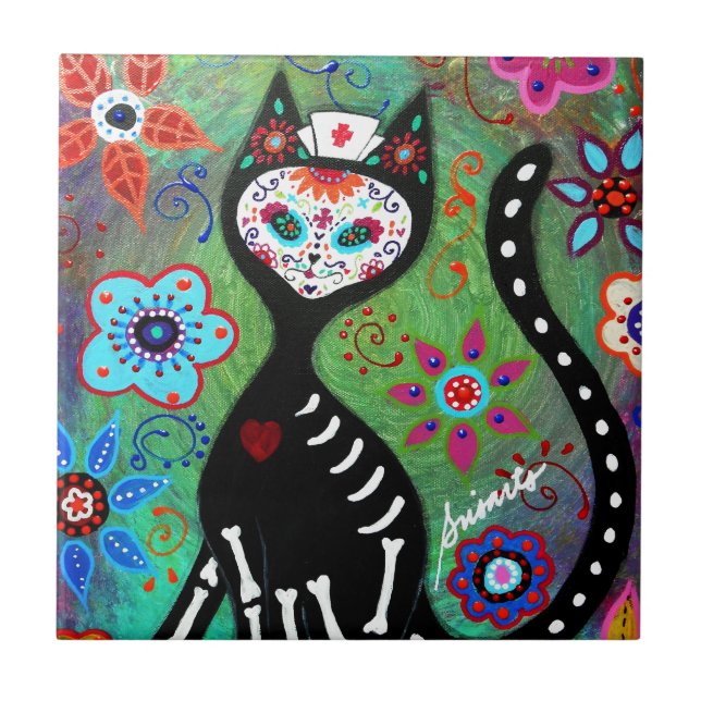 EL GATO CAT DIA DE LOS MUERTOS NURSE PAINTING TILE (Front)