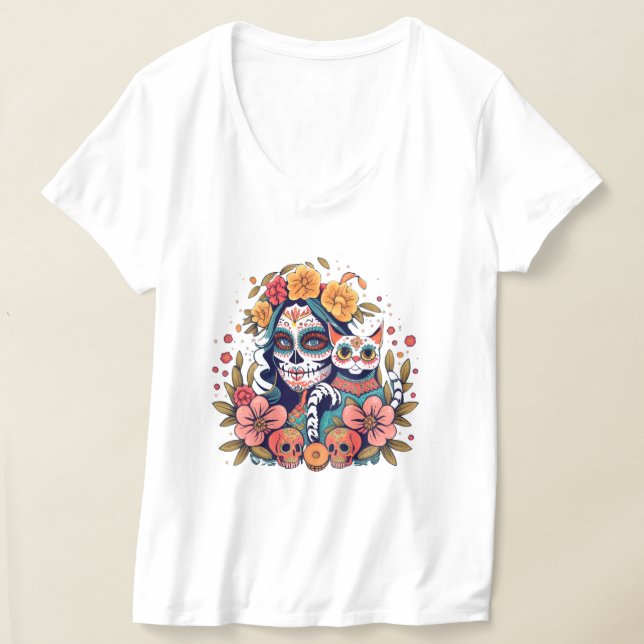 El Gato Catrina: A Feline Dia de los Muertos Fusio T-Shirt (Laydown)