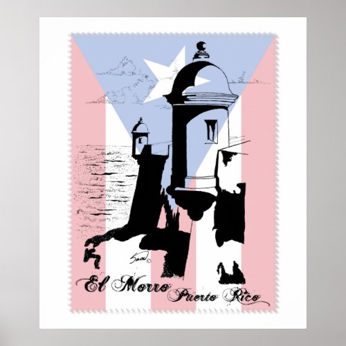 El Morro Puerto Rico w Flag Poster