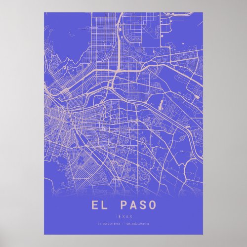 El Paso Blue City Map Poster