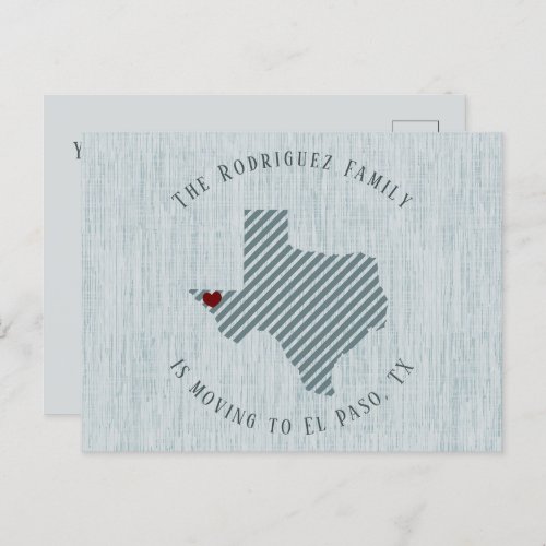 El Paso Blue Linen and Heart Texas Moving Announcement Postcard