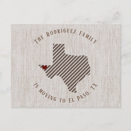 El Paso Brown Linen and Heart Texas Moving Announcement Postcard